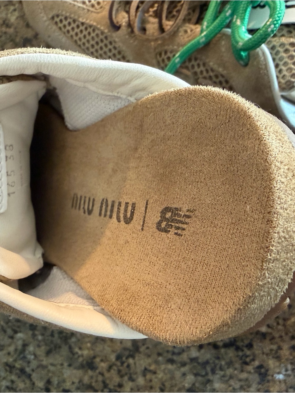 Miu Miu x New Balance Beige Suede Mesh Sneaker Clogs with Green Accent Laces - Picture 3 of 8